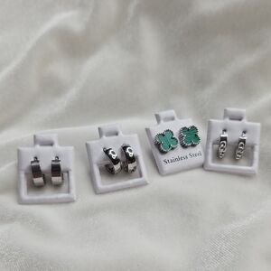 Lot of 4 Stainless Steel Green Clover Stud Silver Hoops Earrings Rhinestones